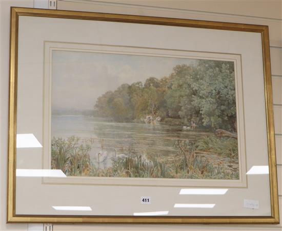 Thomas Hunn, watercolour, Swans on the river, signed, 38 x 59cm